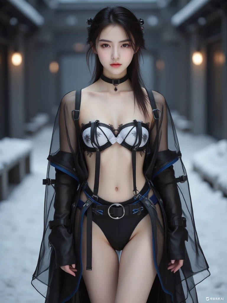masterpiece, highest quality, Super detailed, Facing the camera, 複雑に詳細なSuper detailed, Realistic, Sharp features, Very detailed, Sharp focus, Perfect Face, Perfect Face, Perfect symmetrical perfect eyes, Perfect Plump Lips, Flexible female form, Cinematic, Film Light, Super detailed, hyper Realistic, masterpiece, Atmospheric, High resolution, Vibrant, Dynamic Studio Lighting, ((Dark Background)), The expression when enduring pleasure, Straight bangs, blue eyes,Sexually aroused expression、Her black thong shorts are visible through the fabric、(((Lean forward with your legs apart))),((Buckshot))
