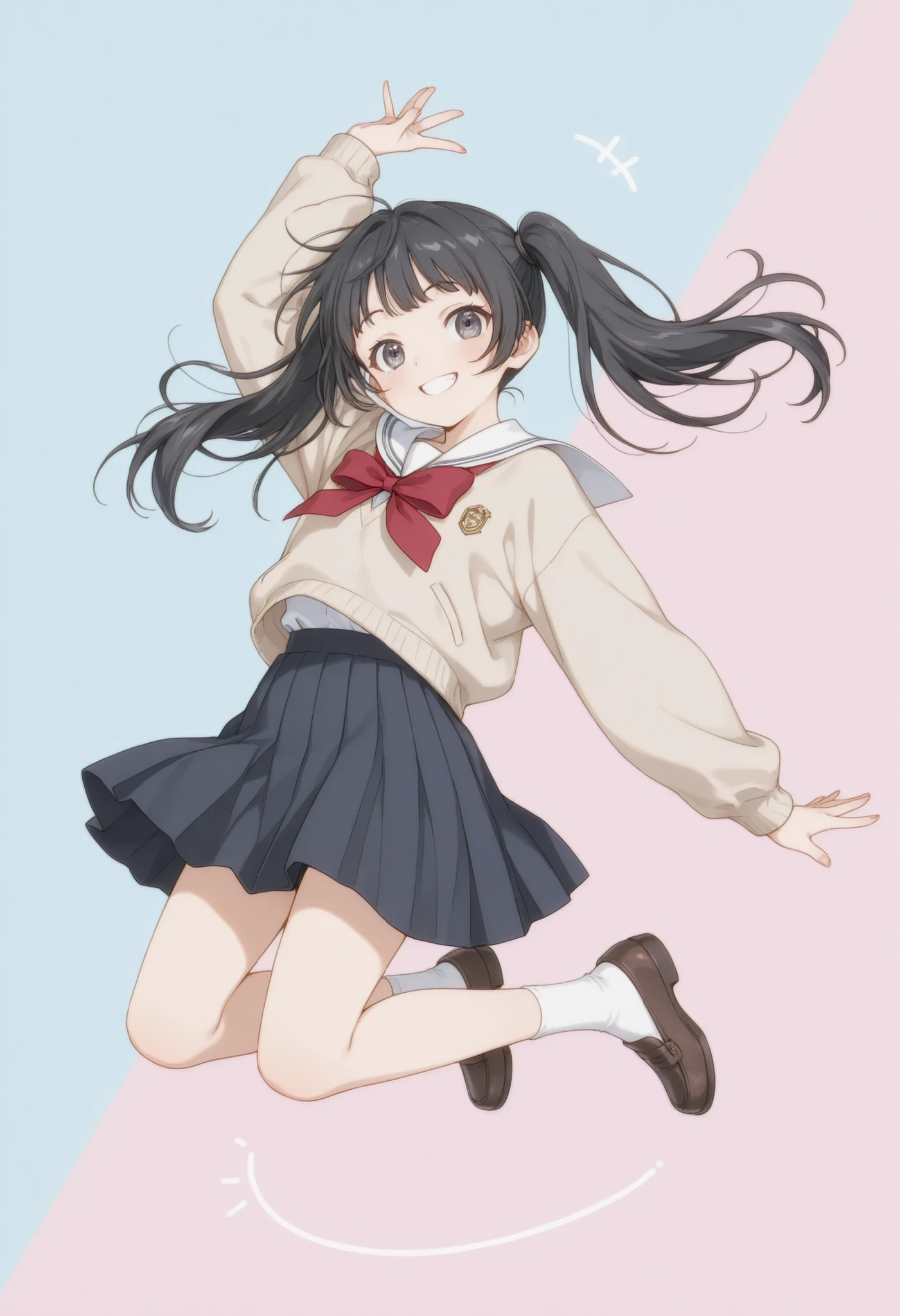 anime-style full-body illustration of a cheerful cute girl with long black hair tied into twin-tails, slightly messy ends, wearing a classic Japanese school uniform with a cozy beige cardigan reaching her hips, jumping in the air with one hand raised high and the other extended sideways, smiling brightly and energetically, soft pastel color palette, very rough and hand-drawn line art style, simple pastel-colored background, clean and bright, highly stylized, lively and dynamic atmosphere