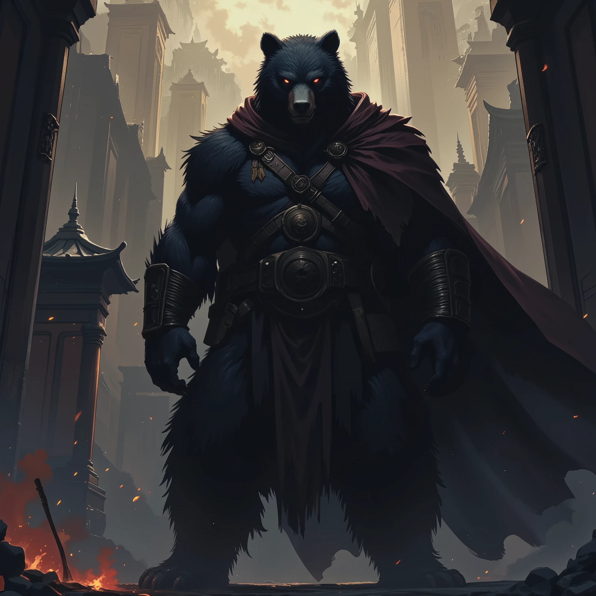 Half-Shadows and Half-Bear, Dark mythical god of shadows. Standing up. Dark shadow Bear. Dark fur. Dark cloak. Warrior Bear. Giga Bear.
Dark and cold colors. Mysterious ambiance. Subtle smerk smile. Temple and fire in the background. Black Evil eyes.
