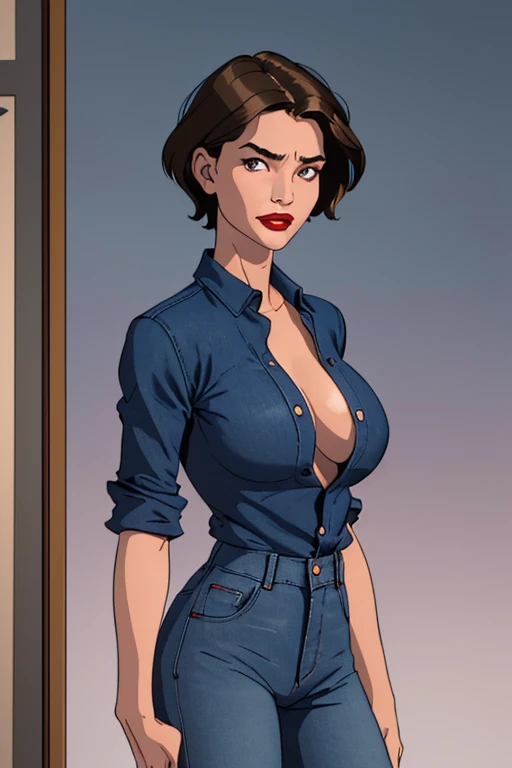 Masterpiece, best quality, Masterpiece, best quality, 1 woman, wavy brown hair , sly face , smile , naked , abdomen, big breasts , , stand on your hips , wall , dormitory , In front of the entrance door