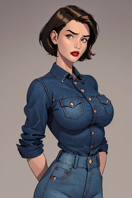 gorgeous woman, vintage pin up, leather jacket, blue-black hair, denim skirt, short skirt, cleavage