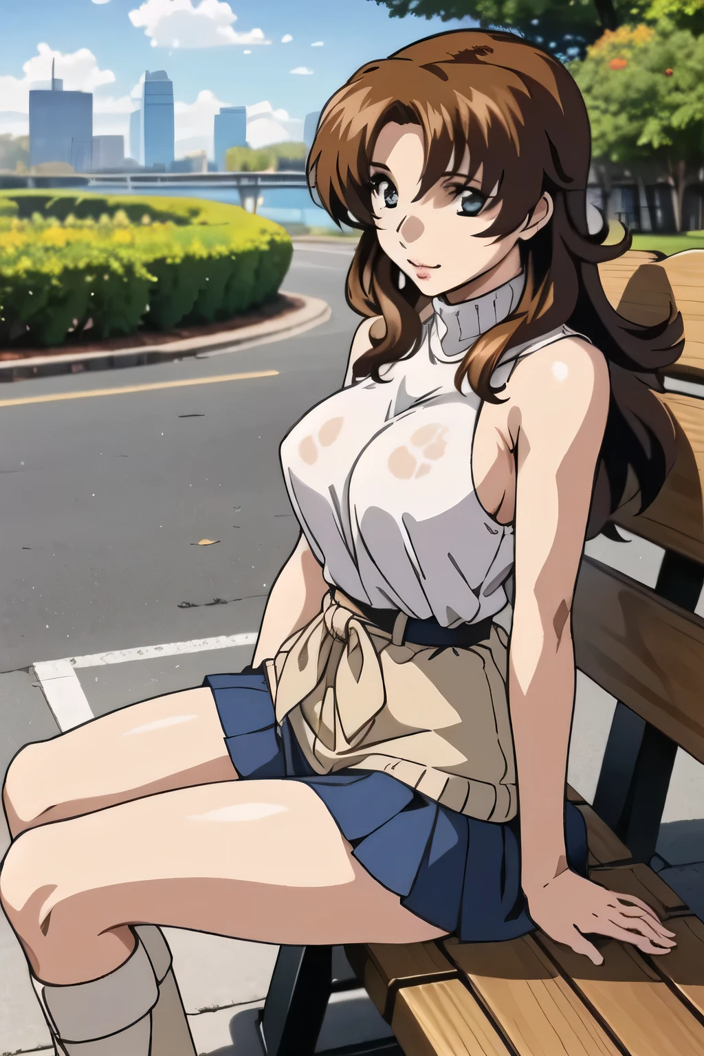 smile,I'm sitting with my legs closed,My skin shows through when wet,smile,draw a picture of him resting on a park bench,is sitting,Panchira,Draw white knee-high boots on both legs,Let's draw a short pleated mini skirt,Big BreastsをさらにBig Breastsに描いて下さい,{{X}},draw her expression more delicately,walking alone, city tour ,,(((I'm dressed in casual tourist style))), I have a SLR camera ,(Let's draw a more delicate look),(sleeveless wool sweater),( navy blue pleated miniskirt,white panties),(That work is enough for one person {X} is very important for work)、 That's enough,frown。unless the job requires it。 {X}、 , attractive 40 year old adult woman jumping out of her uniform, Big black wavy hair, , Big Breasts, Thin Waist , , ,