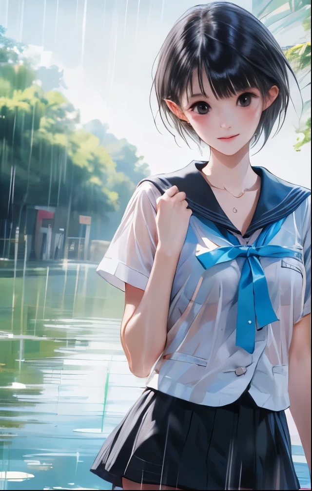 (((SFW、Highest quality、 first class masterpiece 、normal body 、32k、detailed face、super precise、normal hand、5 fingers、Highest)))、hinako-shirai、Shirai Hinako、Beautiful Girl、black hair、bob cut、slender、 slim、beautiful breasts、Summer school uniform、ultra-thin sailor suit、super mini skirt、high school girl、 See-through Uniform、see-through underwear、shy smile、Schoolyard、heavy rain、soaking、 wet and transparent