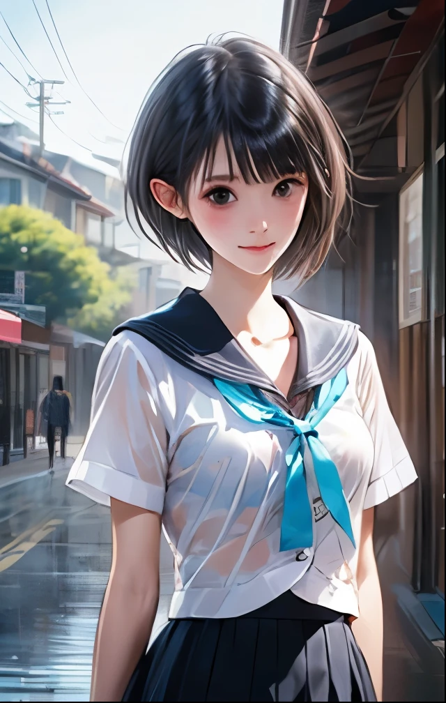 (((SFW、Highest quality、 first class masterpiece 、normal body 、32k、detailed face、super precise、normal hand、5 fingers、Highest)))、hinako-shirai、Shirai Hinako、Beautiful Girl、black hair、bob cut、slender、 slim、beautiful breasts、Summer school uniform、ultra-thin sailor suit、super mini skirt、high school girl、 See-through Uniform、see-through underwear、Slightly bras 、shy smile、Schoolyard、heavy rain、soaking、 wet and transparent