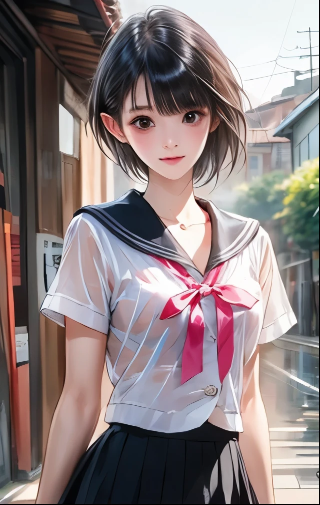 (((SFW、Highest quality、 first class masterpiece 、normal body 、32k、detailed face、super precise、normal hand、5 fingers、Highest)))、hinako-shirai、Shirai Hinako、Beautiful Girl、black hair、bob cut、slender、 slim、beautiful breasts、Summer school uniform、ultra-thin sailor suit、super mini skirt、high school girl、 See-through Uniform、see-through underwear、Racy Bra、shy smile、Schoolyard、heavy rain、soaking、 wet and transparent