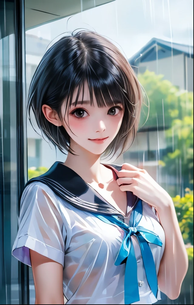 (((SFW、Highest quality、 first class masterpiece 、normal body 、32k、detailed face、super precise、normal hand、5 fingers、Highest)))、hinako-shirai、Shirai Hinako、Beautiful Girl、black hair、bob cut、slender、 slim、beautiful breasts、Summer school uniform、ultra-thin sailor suit、super mini skirt、high school girl、 See-through Uniform、See-through skin、shy smile、Schoolyard、heavy rain、soaking、 wet and transparent