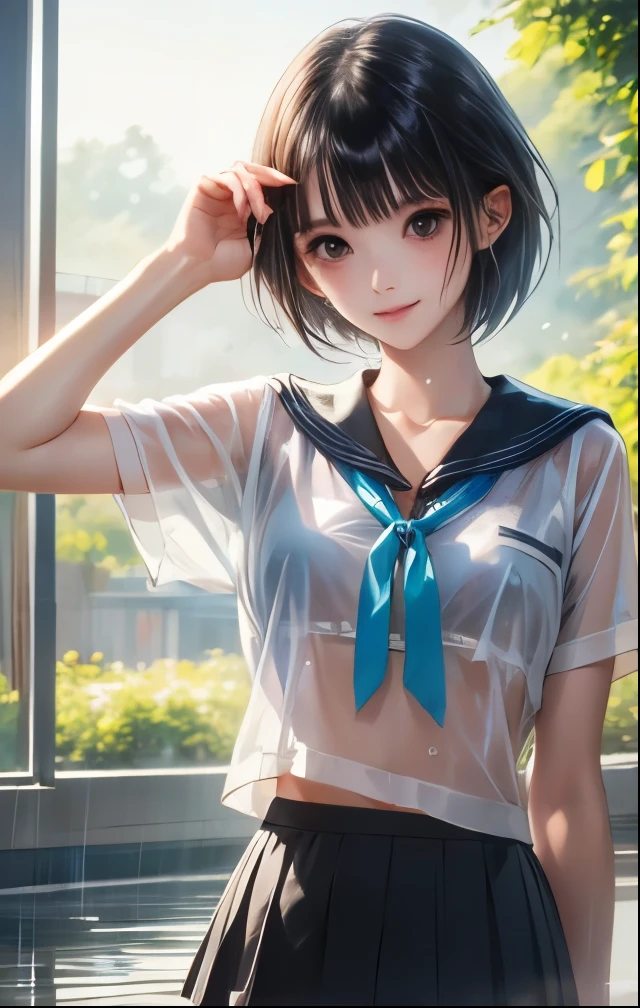 Toned body、Bare thighs、White panties、(Sailor suit summer uniform、Dark blue micro mini skirt dark blue、White short-sleeved shirt、Dark blue pleated skirt Dark blue、White mesh panties、Dark blue tie dark blue、White Short Socks)、(Black Hair、Very Short Hair、boyishカット)、Big Breasts、Women's High生、boyish、Big Breasts、Women's High、classroom、独奏