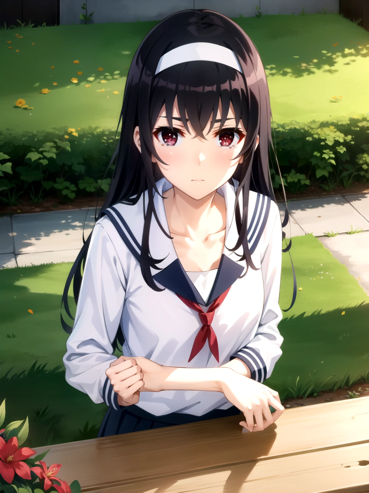 tall body, tall, long legs, mature female, mature, adults, eft_SAEKANO_ it's not coming , 1 girl on break day, kasumigaoka it's not coming , solo, long hair, headband, black hair, Red Eyes, upper body, white headband, shirt, Bangs, indoor, crying and urinating, closed mouth, chest, sailor suit in the flower bed
