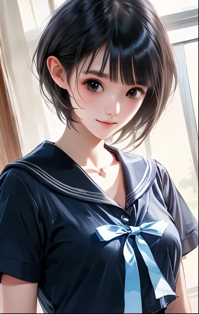 (((SFW、Highest quality、 first class masterpiece 、normal body 、32k、detailed face、super precise、normal hand、5 fingers、Highest)))、hinako-shirai、Shirai Hinako、Beautiful Girl、black hair、bob cut、slender、 slim、beautiful breasts、Summer school uniform、ultra-thin sailor suit、super mini skirt、high school girl、 See-through Uniform、see-through underwear、shy smile、Overall view