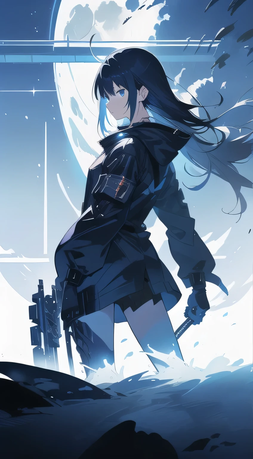 girl watching the moon with a baton, Tsutomu Nihei style, inspired Yoroizuka Toshihiko , manga style, Yoroizuka Toshihiko , Inspired by Junsaku Koizumi, High Contrast Illustration s, color illustration panel, conductor, High Contrast Illustration , dark. no text back header