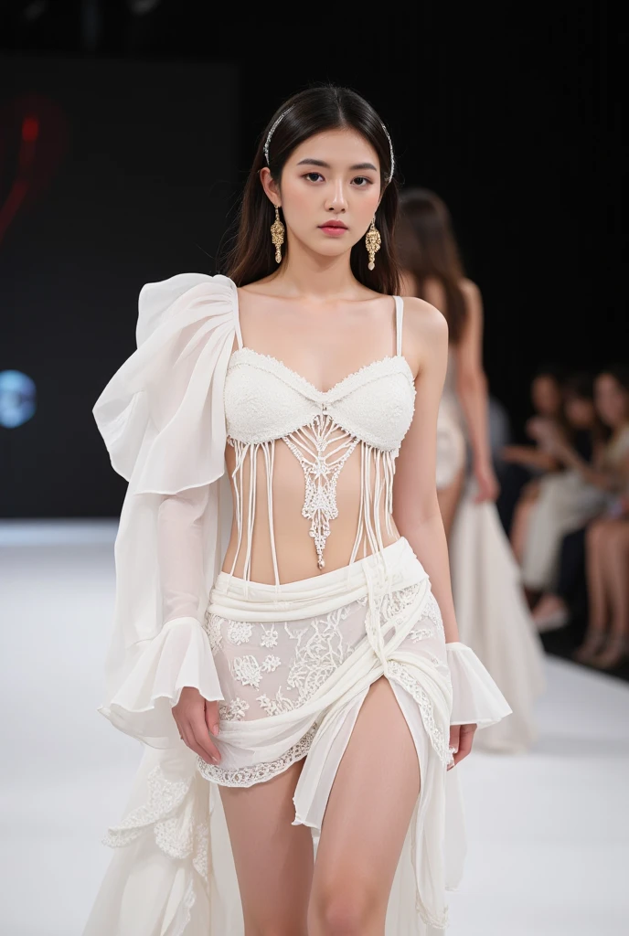 Fashion Week catwalk,On a gorgeous stage,A group of Miss World,Dressed gorgeously,Full body photo of the vista,