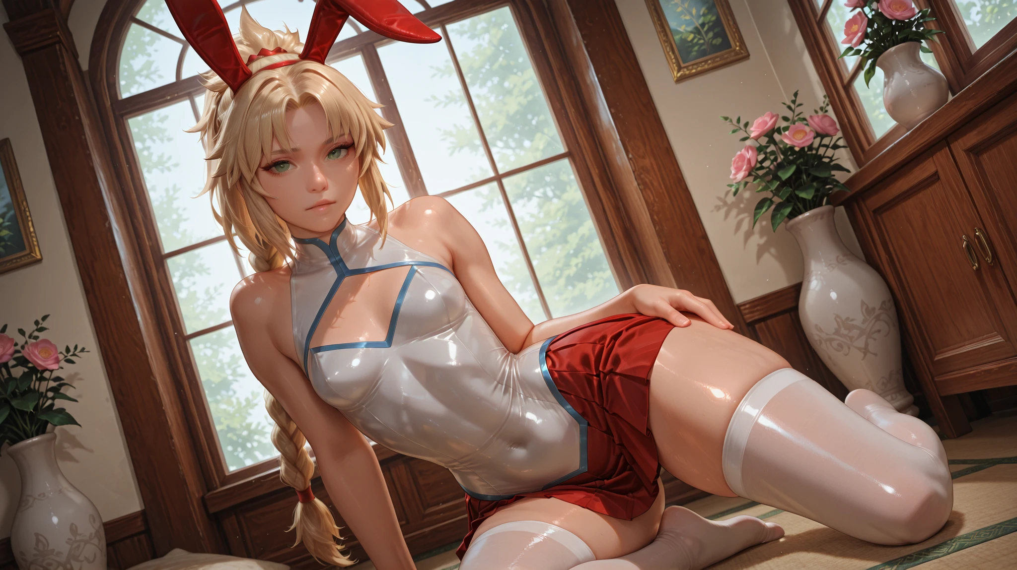 mordred (fate) a beautiful young woman dressed as a bunny character posing playfully in front of a window. the image also shows a lush garden with pink flowers and greenery in the background. A photo-realistic shoot from a front camera angle about, on the middle of the image, a 20-year-old asian woman with light skin and long blonde hair styled in braids, wearing a white sailor-style top with blue trim, a red pleated skirt, and red and white knee-high socks. she is kneeling on the floor with her hands on her knees, looking directly at the viewer with a neutral expression. her eyes are blue and her hair is styled in a long braid. she has a slim body and is wearing a pair of bunny ears on her head.emphasizing the woman's curves. 1girl, unrivaled beauty, shiny skin, eyelashes, parted bangs, thighs, legs, ponytail, green eyes, fit female, skin tight, streaked hair, small breasts, clothing cutout, toned female, gold trim, (HD eyes:1.4), {perfect body},