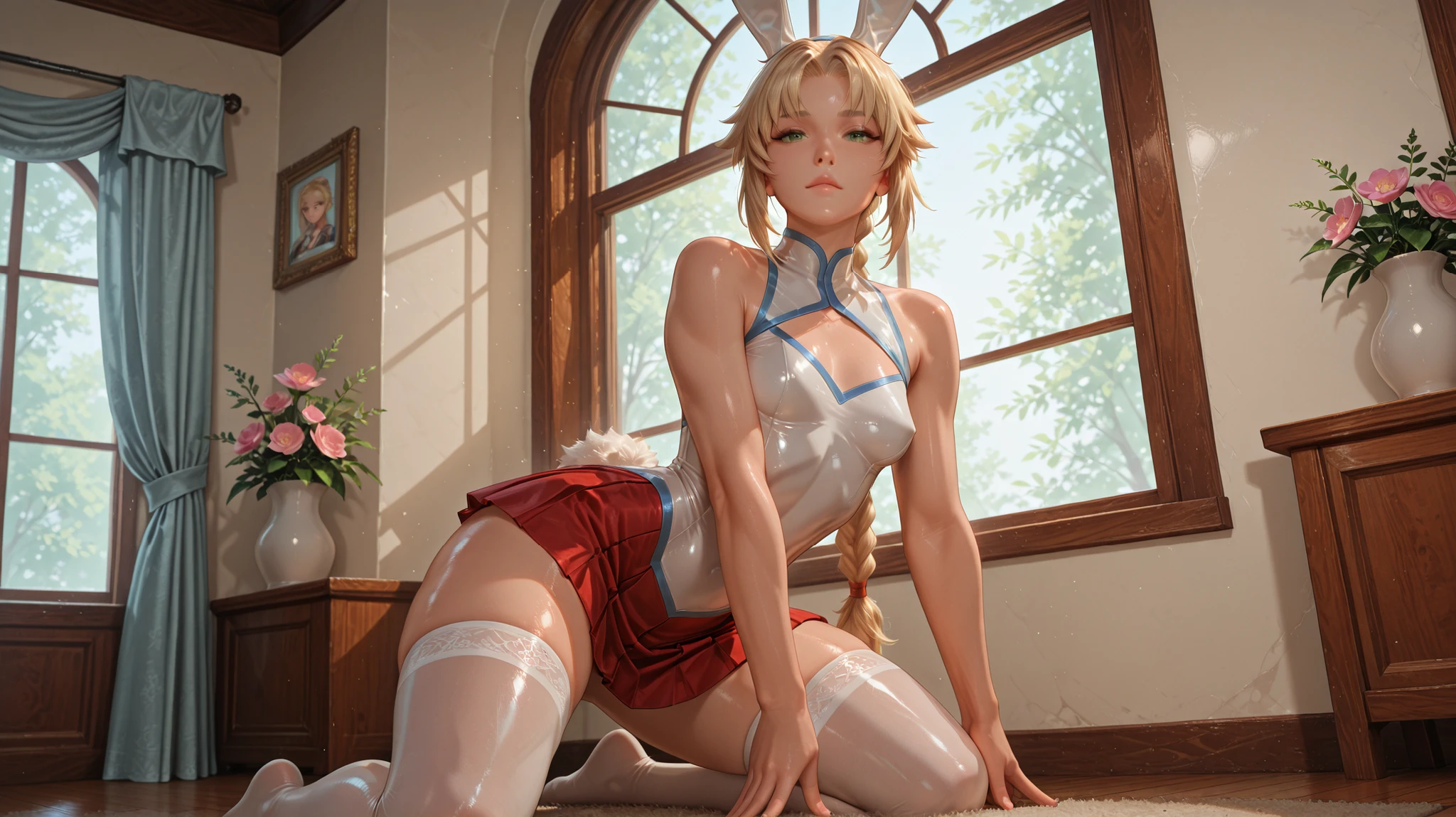 Sister and sister, blonde curly hair, blue eyes, white fox ears, extra-large round breasts, buttocks, white low-cut bare breasts ultra-thin transparent latex ultra-short split bikini