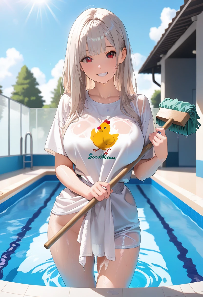 a woman standing at a beech with a plastic bucket on her head and a banana in one hand, 1girl, swimsuit, solo, bikini, food, palm tree, fruit, tree, day, beach, Vaginal examination of teenage girls, 1girl huge large breasts, 独奏, White polo shirt, White sneakers, tennis wear, white mini-skirt, masterpaintings, the best quality, pphotorealistic, Ultra-detailded, (shiny skins, perspired:1.4), Preposterous, looking at the spectator, with short black hair, brown-eyed,Slender,Dynamic light and shadow,high resolucion,Sharp focus,depth of view,The eyes are delicate,Sharp pupils,pupil realistic,(massive boobs),(thick-thighs:1.0),plein-air,skies
