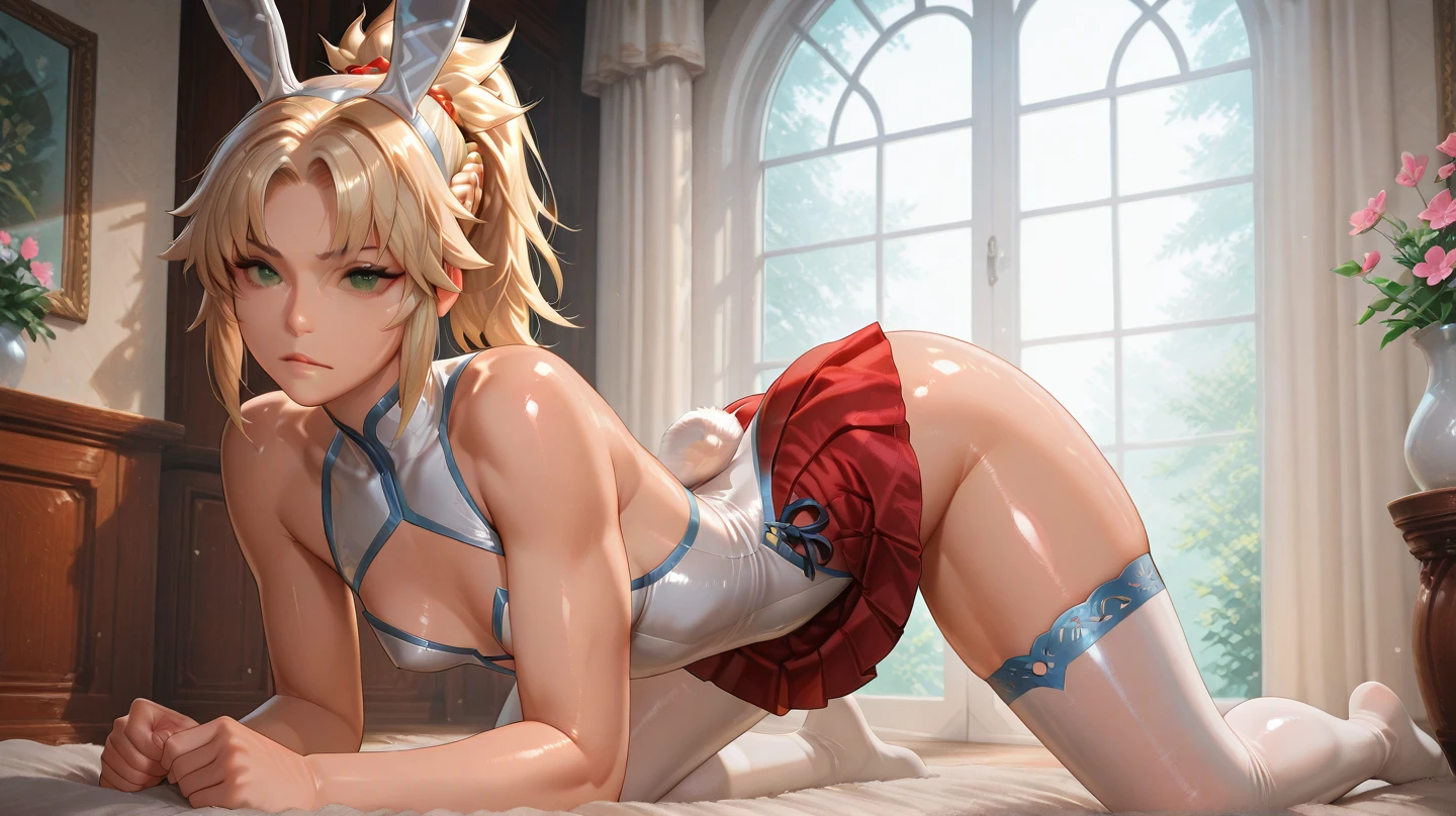 1girl, artoria pendragon \(swimsuit ruler\) \(fate\), fate \(series\),lying on a sunbed by a pool in the garden, bondage,gaged,ballgag,rope,hand behind back,masterpiece,very aesthetic,newest,