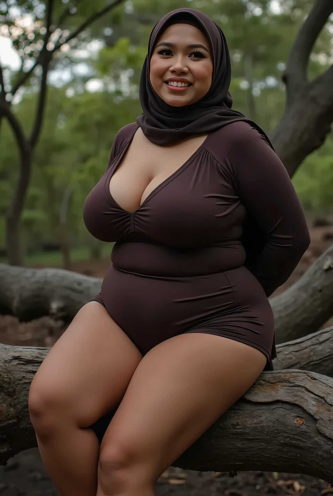 HIJAB A little chubby, Large sagging breasts, (Shiny Breasts:3.24), Skinny hijab skinny hijab skinny hijab skinny hijab, (photorealistic:1.6) Indonesian hijab skinny dry aunty wear bra and (mini tiny tights Hotpants), background Wilderness. Eveningtime atmosphere, Sitting on an old tree branch, hands behind back while legs astride, Look from the front you are stupid!, wearing Detailed Fully dark brown tight unbuttoned updress very large breasts (Spread legs:3.33), skinny smile 😃