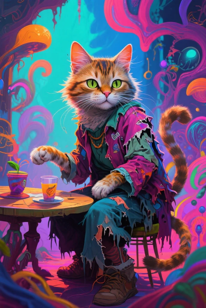 The cat has a cute expression, walking on two legs, ((The face is a cute cat)), ((Pupil details, gradient eyes)), (((Macro))), close up shot : 1.8, profile, (((side view))), from the side, (white backgriound : 1.4), High Definition, masterpiece, Accurate, top quality, High Definition model, high detail, beautiful detailed, beautiful hair, high resolution, 32K, realistic rendering, (Masterpiece, Hi-res: 1. 2), 1 cat, cat has lwears gold clothes, Psychedelic design, neon green, orange, purple, vivid background, swirl pattern,