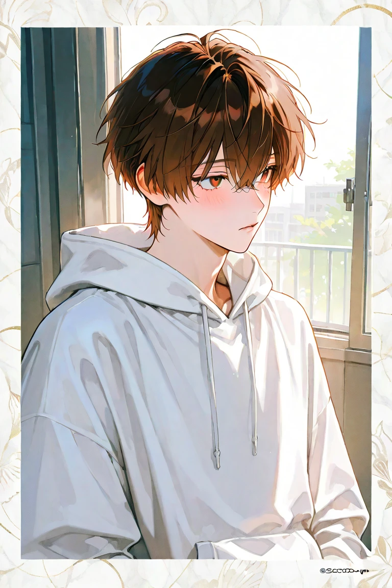Highest quality、Realistic、zoom、man、cute、Grey Eyes、Light brown hair、short hair、White briefs、thin、Pouting、、shower room、Cowboy Shot