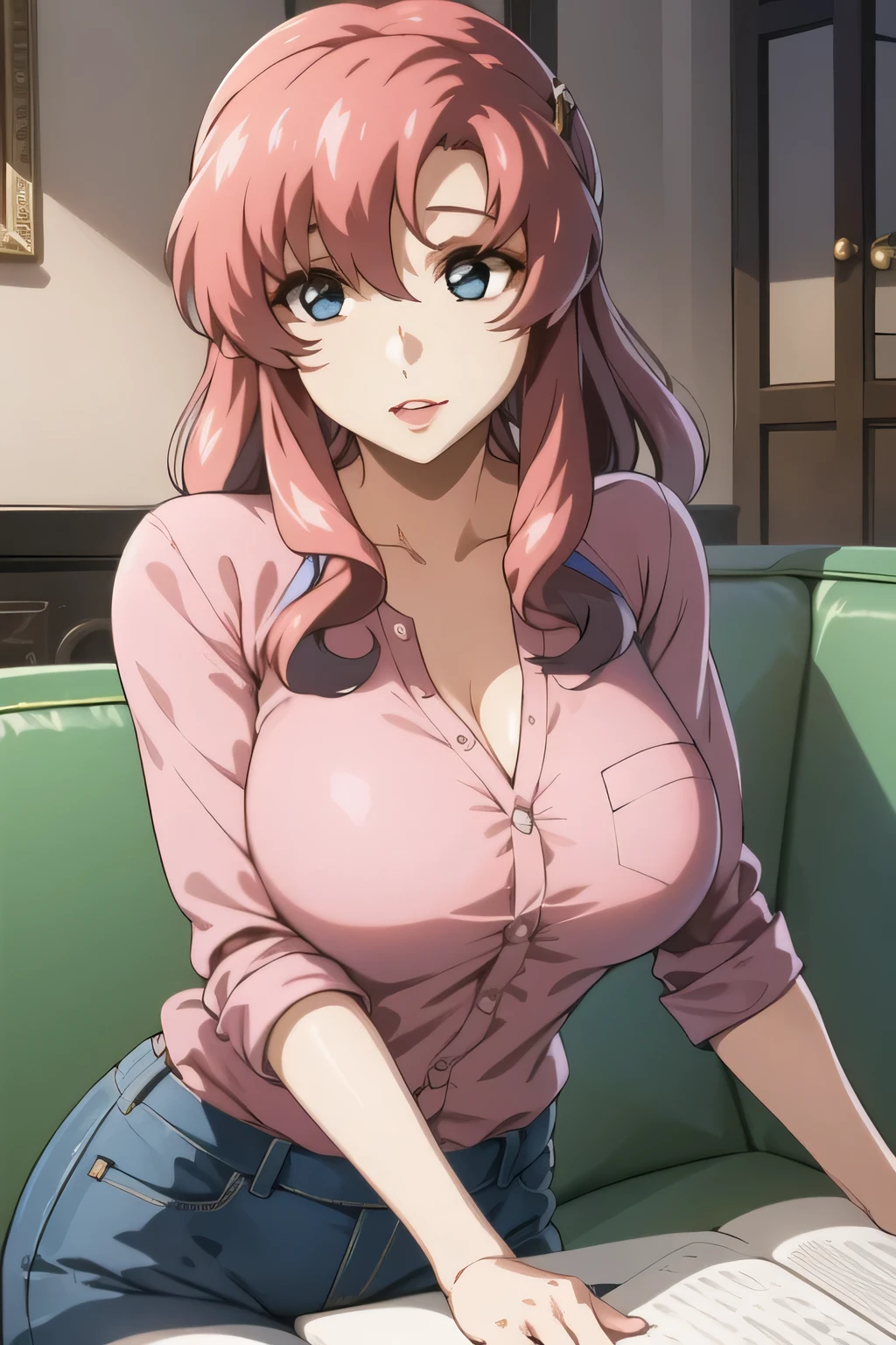 (Please draw more delicately),( pink shirt),(navy blue jeans)(blue panties),The work is a mix of 、horror-themed style 、This alone is amazing, but、I was surprised, don't prepare her face for work {X}, pink shirt,navy blue jeansを履いている, lying on the sofa , Big black wavy hair, , Big Breasts, Thin Waist , , ,A woman close to 40 with mature sex appeal,