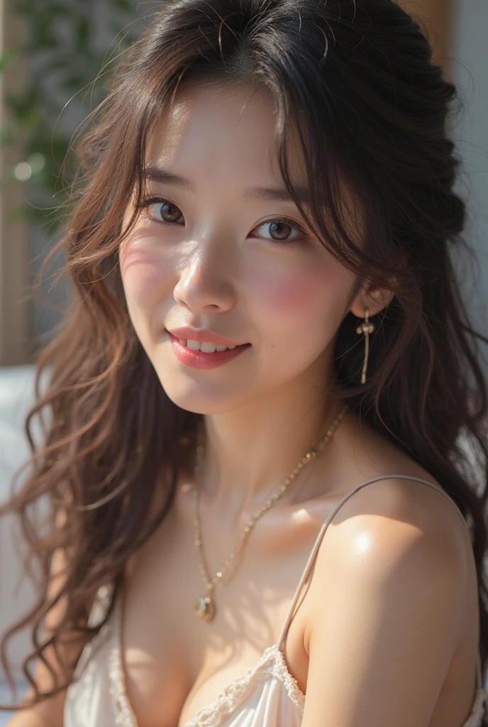 high resolution、A transparent Japanese woman、Ima-ish、looking at the camera、body is angled、smile、Moist and shiny hair、Thready hair、cute、Brown Hair、Beautiful young woman who looks like a model、Leaning against a wall、Big eyes、Outline of an inverted triangle、face is slanted４５Every time、Straight Hair、The tips are heavy、White crew neck half sleeve top、Hide your chest、Attractive features、Big eyes、Beautiful woman、hoop gold earrings、Long, diagonally swaying bangs、Beautiful like a celebrity、A trendy blunt hairstyle with little volume、Naturally flowing bangs、No bangs standing up、Smooth surface hair、Simple chain necklace、A fashionable atmosphere、A mature bob with less volume on top、The hair around the face falls smoothly onto the face.、Natural Makeup、Collarbone line hairstyle、サラサラのStraight Hair、Medium length hair that is not curled