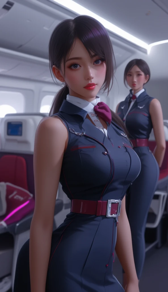Beautiful, Stunning,Stewardess, Detailed eyes, Detailed lips, Detailed makeup, Glamorous, Elegant, which are full of confidence, Professional, Stylish uniforms, neat hairstyle, Friendly smile, high-heels, Airport runway, Airplane on background, Clear blue sky, A clear day, Vibrant colors, Soft lighting, Fashion magazine cover, high fashion, Elegant posture, boarding pass, trip, adventure, Luxury travel experience, First-class service, International Flights, Destination unknown, Dream job、up skirt、(I can see panties:1.5)