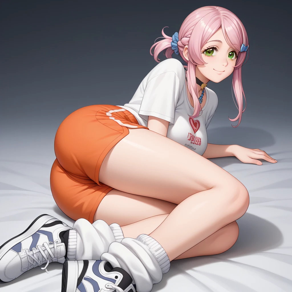 Masterpiece, best quality, robotic fantasy girl with robotic face, pink hair style, wearing a white t shirt, , ((massive breasts)), full body shot