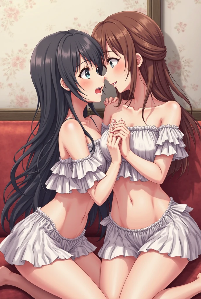 Kirisaki Chitoge, Onodera Kosaki, 2girls, agarre de, Brazos desnudos, hombros desnudos, Black bra, cabello rubio, sonrojarse, bien, brown hair, Disparo de vaquero, desde un lado, mano en la mejilla de otro, mano en la cara de otro, tenencia, besar, Intimate Wear, Cabello largo, minifalda, Varias chicas, Sujetador rosa, pelo corto, Fondo simple, falda, muslosaltos, ropa interior, Yuri, (NSFW:1.5)