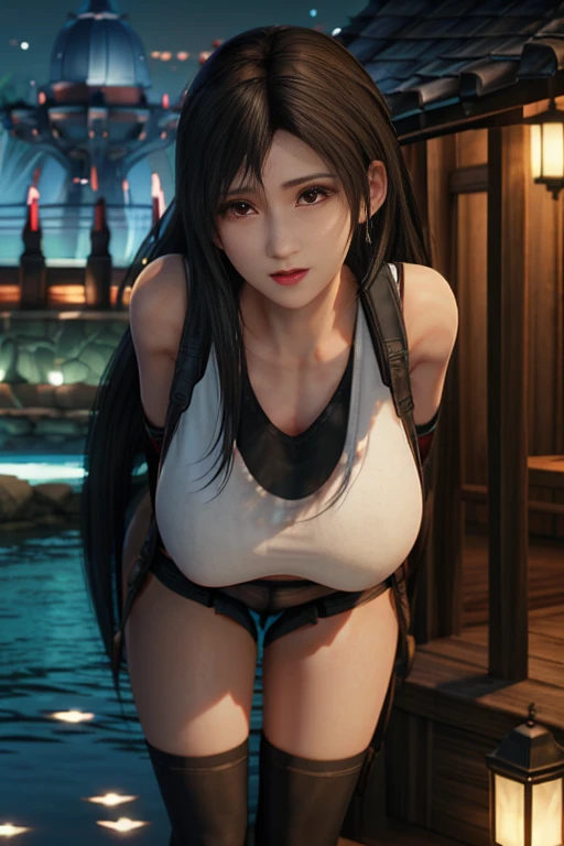 Tifa half naked in a garden, cuerpo entero, pose sensual, culo redondo, big breasts and light brown eyes. 8K, mejor calidad, obra maestra