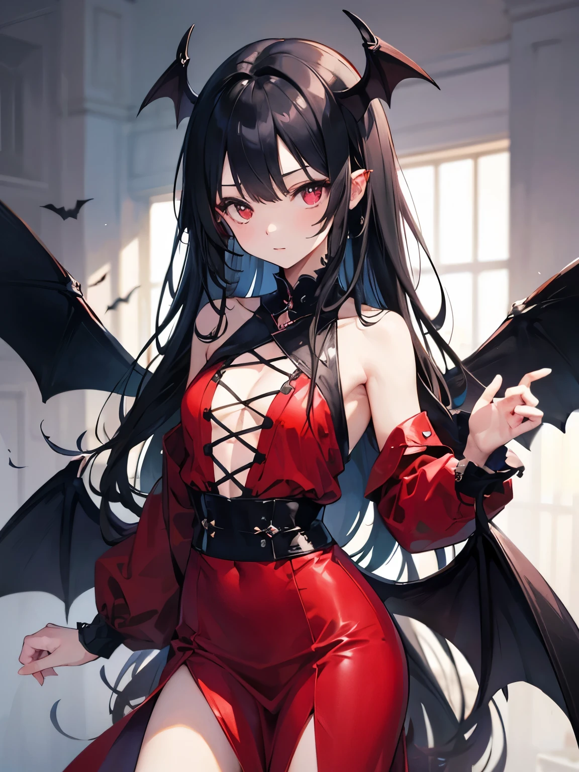 (masterpiece), (best quality), (detailed), light layer, lustrous skin, (intricate detailed , taut clothes, , demon wings,hair ornament :1.2), from above, black hair, black choker, long hair, hime cut, woman, blunt bangs, sidelocks, red eyes, holding quarterstaff,holding scythe,holding sword, (mature female:1.1), side-ponytails (simple background:1.1),