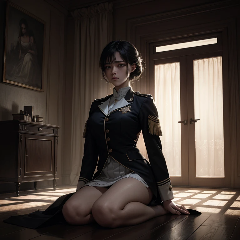 (garota hiper realista:1.2), ((Maki Oze de 22 anos)), (Fire Force), corpo inteiro, single body, olhando para frente, sitting on the floor, (coxas internas expostas), joelhos dobrados, ((cabelo preto)), (kalap), seios grandes:1.3, Quarto feminino, quarto tradicional, Hiper realista, cinematic lighthing, (octan render), ray tracing, realismo, 8k UHD