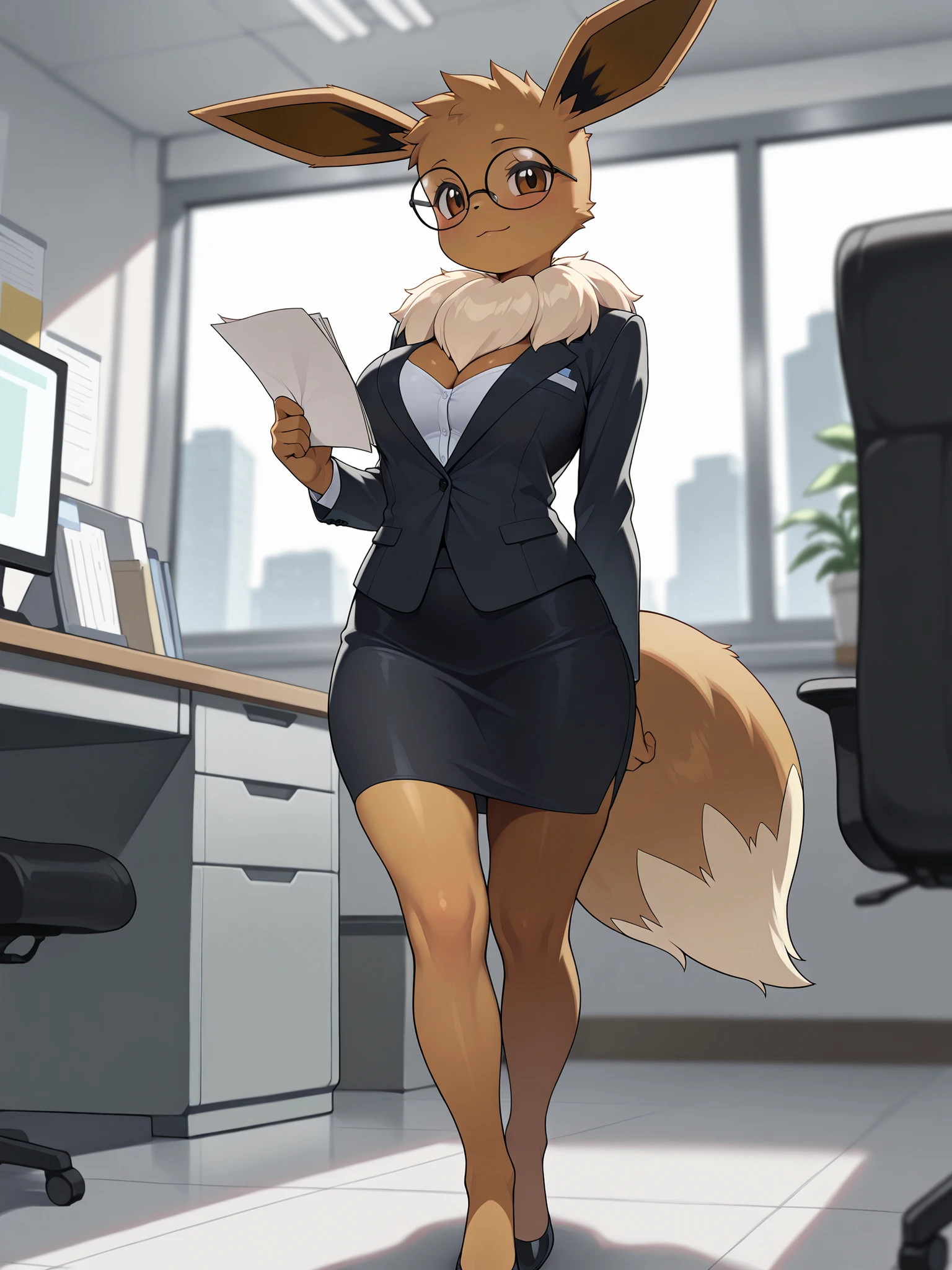 (masterpiece, best quality), hairy:1.3, snout:1.2, The second:1.3, hairy:1.2, amazing quality, very aesthetic, absurd, highres, new , HDR-10, 8K, Cinematic, professional photo, a full body girl, (((Eevee:1.25))), Pechos grandes, (Small but curvaceous), alternative costumes, office lady, office suit, skirt, glasses, Alone , (((seductive expression))), (((neckline))), Awestruck, holding papers, office, landscape, detailed background, underground dispersion, translucent, brilliant, SSS, ambient lighting, atmospheric haze , Illusp0s , (super quality:1.2),