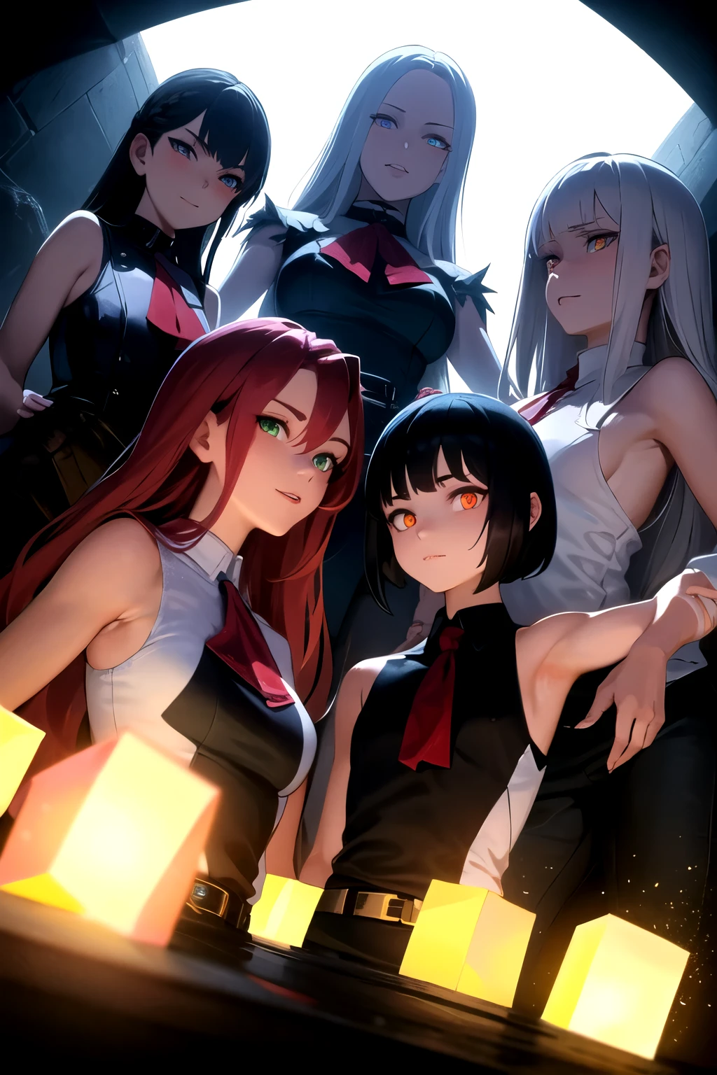 masterpiece,Highest Quality,high resolution,cinematic lighting,dramatic angle,3 girls,braid, Gold,glowing eyes,shading face that makes your armpits smell,white jacket,belt,High Waist Pants,Red Ascot,black pants,white shirts,multi colored hair,green eyes,Glowing sealed cube,viewers looking straight up,glowing eyes,grasp,Armpit,I can smell the smell.Evil Smile,

