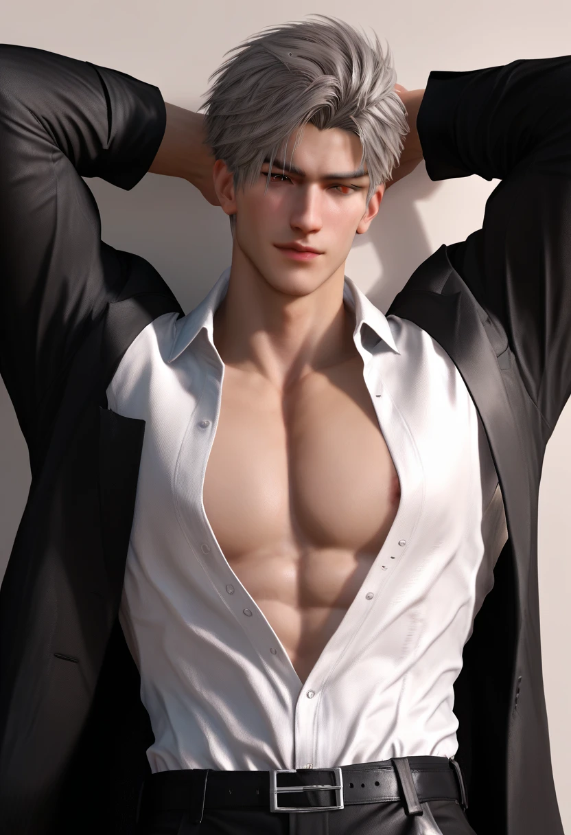 1boy, adult, handsome, perfect face, detailed eyes and face, clean shaved, sixpack realistic, white eyebrow hair, white eyelashes, dynamic lighting, unreal engine 5, hd picture, satoru gojo, white hair, short hair ,hair between eyes ,blue eyes, white skin