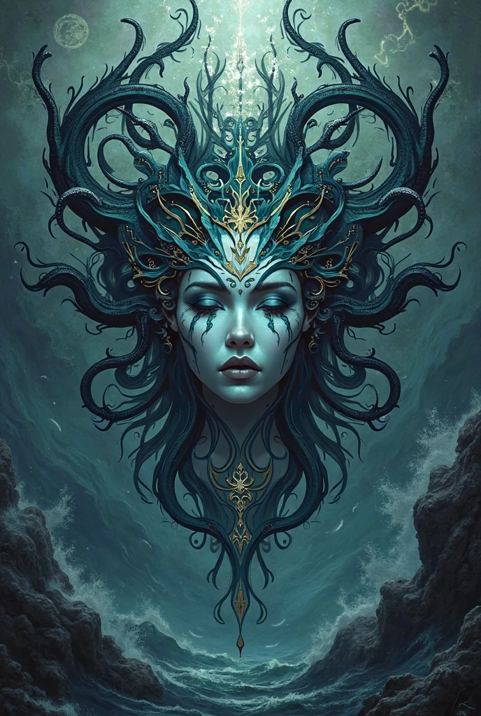 there is a woman with blue skin and red antlers in blue and gold robes, she is a water elemental spirit and has dark teal hair, realistic style