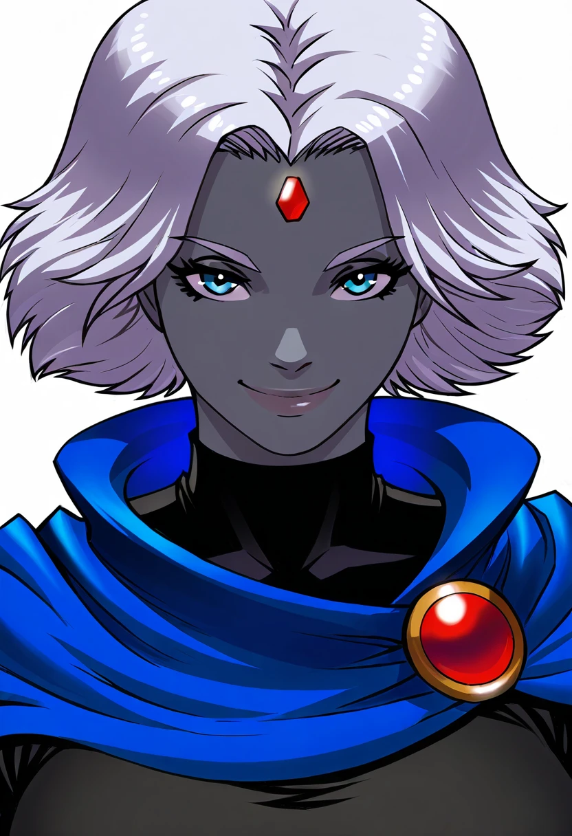 gideonscorral, masterpiece, best quality, white background, portrait, 1girl, solo, looking at viewer, smile, ravdc, grey skin, forehead jewel, cape, blue cape, black shirt