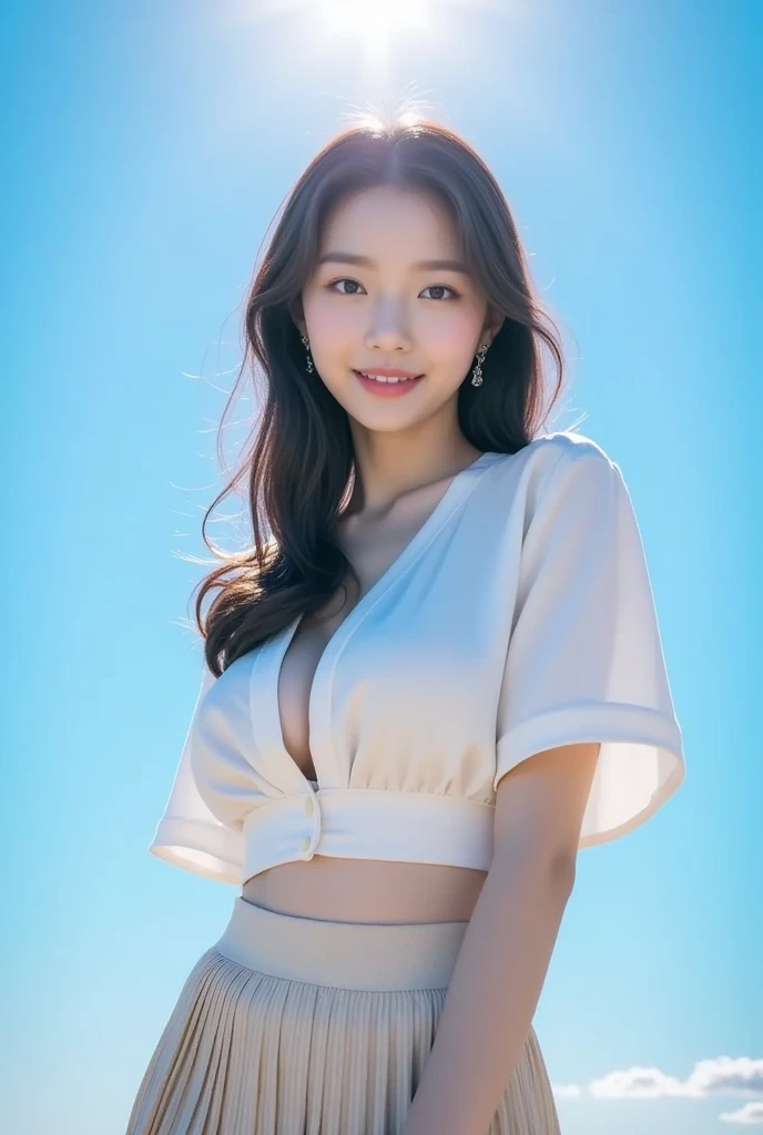 realistic photos of 1 cute Korean star, curtained hair, white skin, thin makeup, 32 inch breasts size, slightly smile, wearing blue v-neck t-shirt, pants, at the music fair, night, upper body portrait, UHD