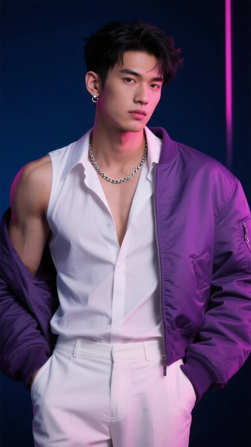 (best quality), 1boy, male, white skin, asian, purple hair, pink streaked hair, short hair, one side up, purple eyes, perfect eyes, heart necklace, stylish clothes, fully clothed, smile, masculine, masterpiece, anatomically correct, highres
