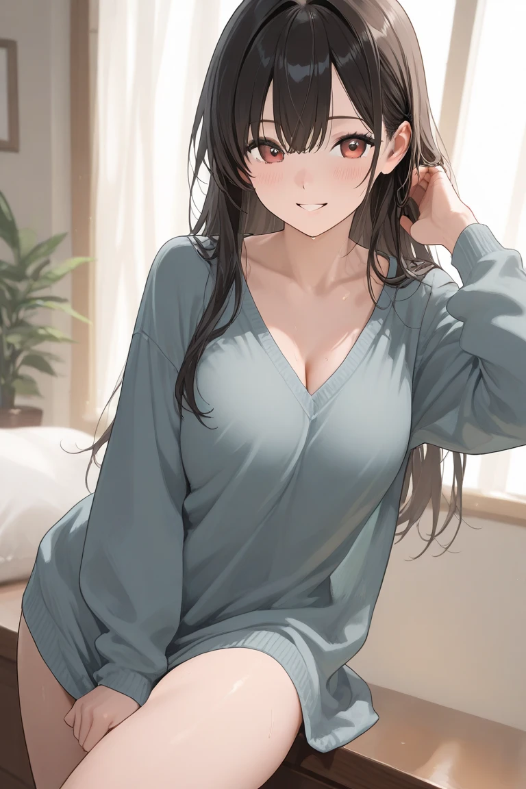 (masterpiece, best quality:1.2),Girls,Black Hair(((The eyes are delicate)))The whole body is milk,((Wet clothes)),Pink underwear,Room,Sitting on the sofa,(8K)(HD)