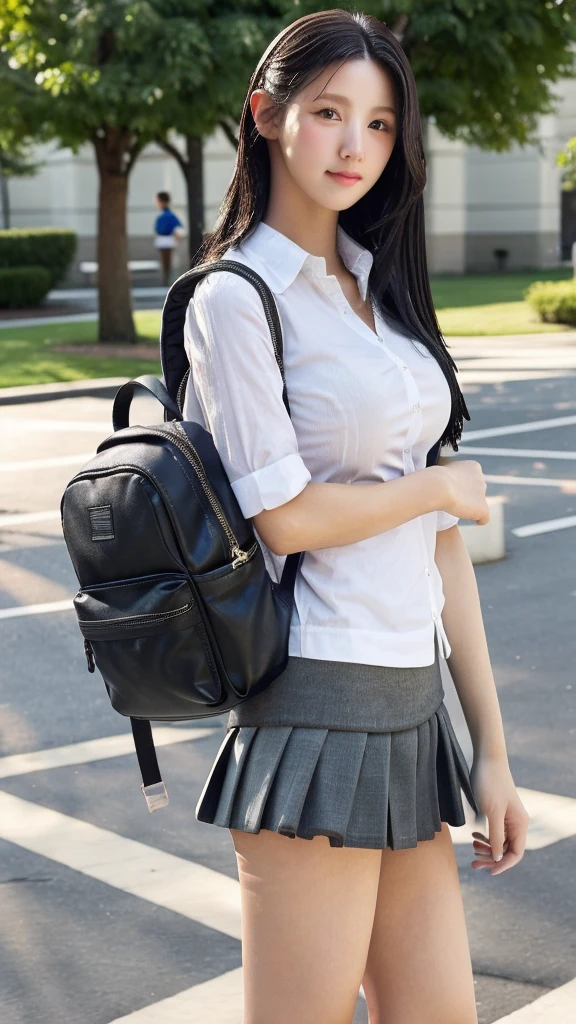 Stand in the classroom of school2fashi-girl,red tie uniform,dark blue closed blazer,Blue plaid mini skirt:1.2,18-year-old,bangs,a little smile,thighs,knees,from below,random pose,pretty girl,slender girl,white panties:1.5,blonde with short cut:1.5,Side waves with a short cut,Carrying a black rucksack,