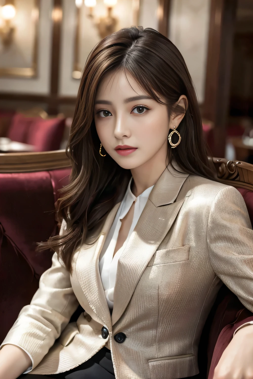 masterpiece, Highest quality, Realistic, Very detailed, Finer details, High resolution, 8k wallpaper, One beautiful woman, Wear a nice suit, In a great restaurant, At night, Light brown messy hair, Perfect dynamic composition, Beautiful and beautiful eyes、Big earrings、Sit on a chair