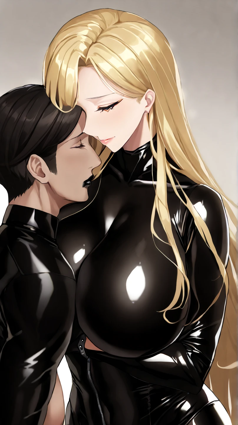 score_9, score_8_up, score_7_up, source_anime, 1boy is faceless male, 1girl, evangeline a.k. mcdowell,{{futantri}}, female_body_builder,blonde hair, long hair, blunt bangs, black serafuku, S-shaped eyebrows, full body Shot, zofa belt, chest jewel, forehead mark, black gloves, black boots,zofa bodysuit,latex mask,kissing his face,ahegao, {{faceless male}},hetero,reverse upright straddle ,face to face,intercourse with a man,vaginal penis,many used condom,excessive cum,bedroom