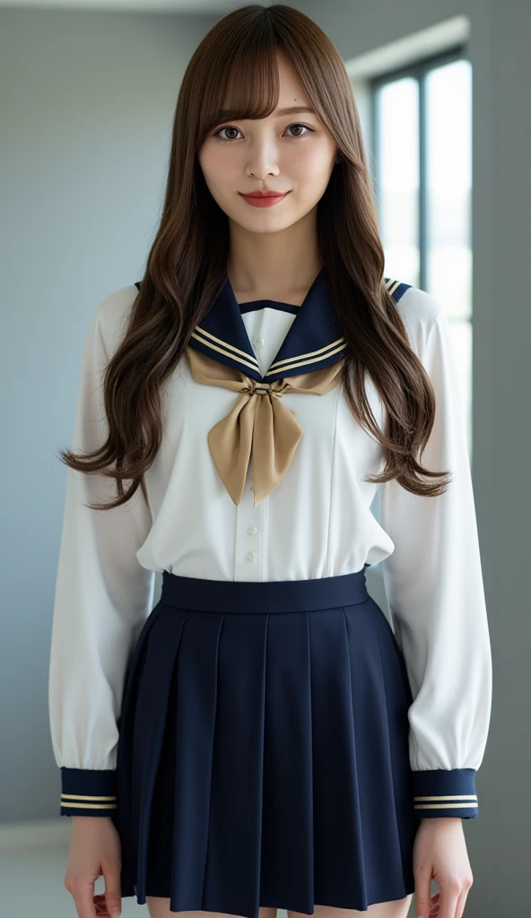 A highly detailed, ultra-realistic digital illustration of a beautiful young Asian woman, with her body visA highly detailed, ultra-realistic digital illustration of a beautiful young Asian woman, with her body visible from above the knees and centered in the frame. She has long, smooth black hair with soft bangs, and her clear, luminous skin complements her warm, inviting smile. Her large, expressive eyes are enhanced by natural, elegant makeup. She is wearing a traditional Japanese high school girl's uniform, featuring a white blouse with a sailor-style collar, a navy blue pleated mini-skirt that falls above the knees, and a matching ribbon tie, exuding youthful vibrancy and charm. The background is a minimalist, neutral tone that subtly contrasts with her attire, ensuring she remains the focal point. The image is rendered in 8K resolution, capturing every intricate detail with pristine clarity.ible from above the knees and centered in the frame. She has long, smooth black hair with soft bangs, and her clear, luminous skin complements her warm, inviting smile. Her large, expressive eyes are enhanced by natural, elegant makeup. She is wearing a traditional Japanese high school girl's uniform, featuring a white blouse with a sailor-style collar, a navy blue pleated mini-skirt that falls above the knees, and a matching ribbon tie, exuding youthful vibrancy and charm. The background is a minimalist, neutral tone that subtly contrasts with her attire, ensuring she remains the focal point. The image is rendered in 8K resolution, capturing every intricate detail with pristine clarity.