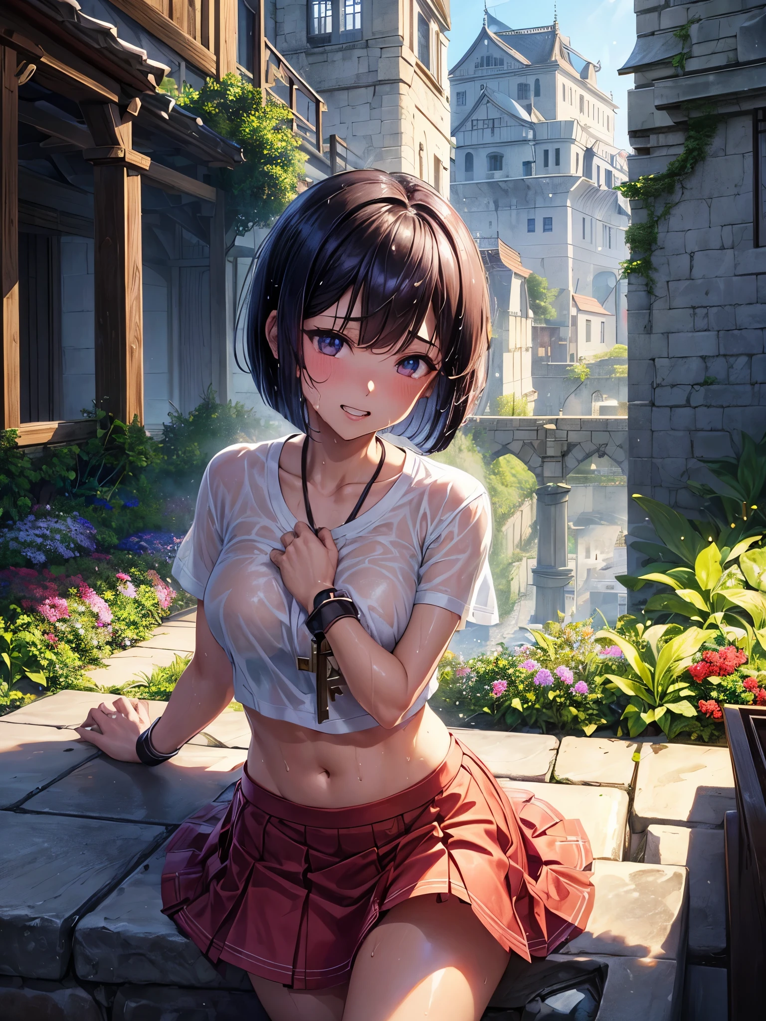 Sitting、tideland、Covered in mud、White Bikini Swimsuit、Thighs、Butt、Dynamic Angle、Seaside、Sandy Beach、Baby Face、smile、sunlight、Both eyes open