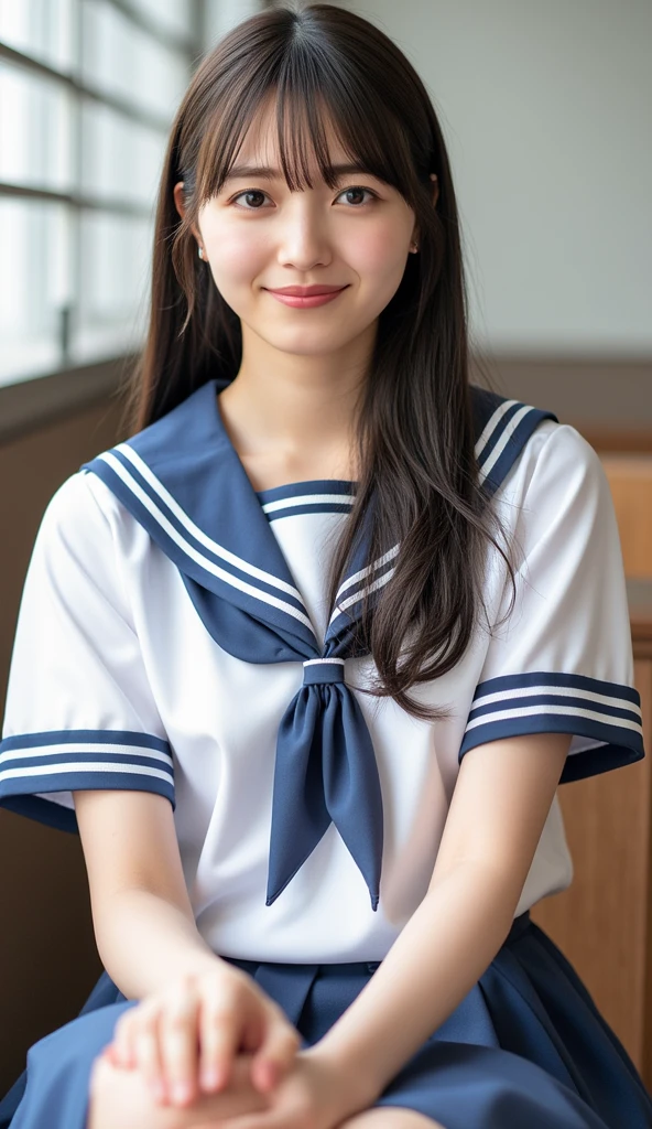 (masterpiece, Highest quality:1.2), 8k, Young and beautiful girl, 85mm,Official AR RAW Photos, Baby Face、Big Breasts、Show me your ears、photo shoot, Cute Face, Thighs, field, Looking at the audience, Embarrassing、smile、No makeup, Film Grain, chromatic aberration, Sharp focus, Face Light, Bright lighting, 10 generations, Detailed face, Background blur、((((((13-year-old junior high school student))))))、Narrow waist、Brother Clothes、Navy blue mini skirt、Light blue small panties