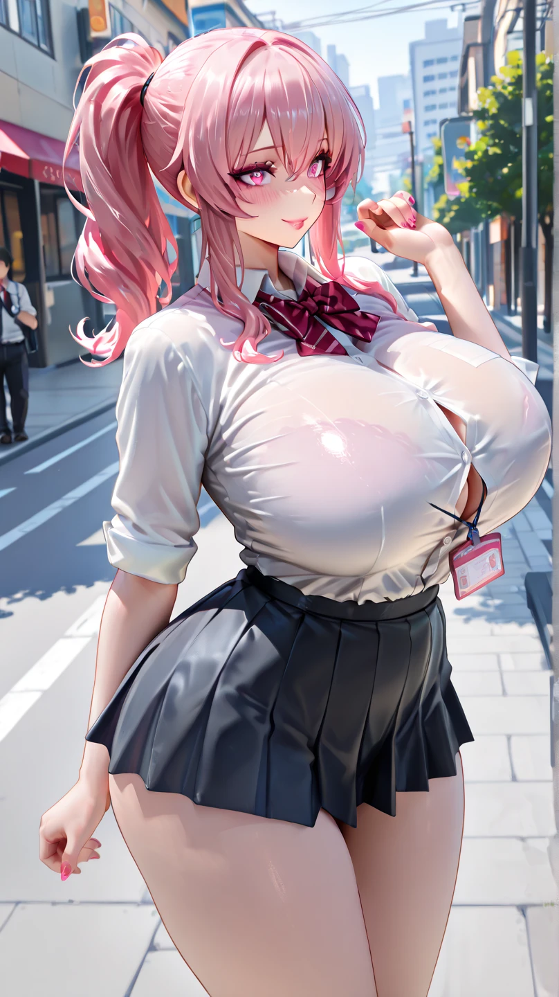 masterpiece, best quality, ultra high res, ultra-detailed, in front of a school, day, beautiful school complex landscape, bagpipr, red hair, purple eyes, solo (gigantic tits and giant cleavage: 1.4), hairy pubic hair, (school cardigan, pleated micro mini skirt, black tights, black high heels: 1.3), looking at the viewer with a seductive expression, pleasure face, erotic face, moaning, beautiful makeup with black eyeliner and red lipstick, shiny skin, (bagpipe is giving a fellatio with her tongue to a boy outside in front of a school while squirting vaginal juice and erotically moaning with open mouth and tongue out from orgasm and horny erotic face: 1.6), (bottom close pussy photo: 1.5)