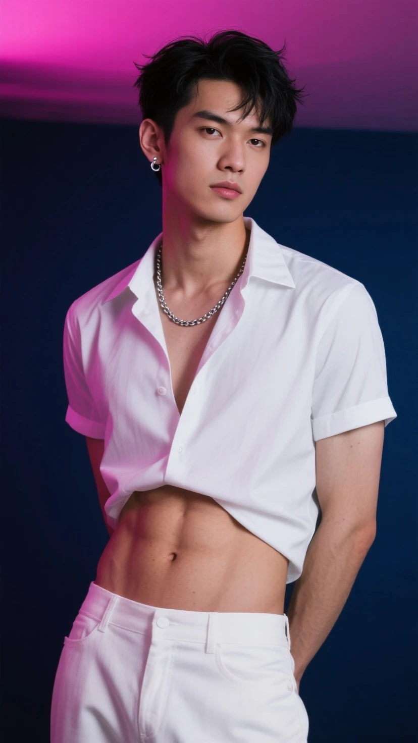 (8K, RAW photos, Highest quality) masterpiece, 1 boy, 18 years old, coquettish style pose, wearing a red knitted cardigan (( 1 buttoned)), naked, (( showing 1 big real penis)), ( (1 perfect penis head), ((perfect testicles)). ,Asian muscular man Look at the viewer, standing, pampered style pose, showing his big muscular breasts, puffy nipples, sexy six pack, slim waist, Handsome, Thick body hair, gradient background, Glitter & Sequin Background, cinematic lighting, UHD