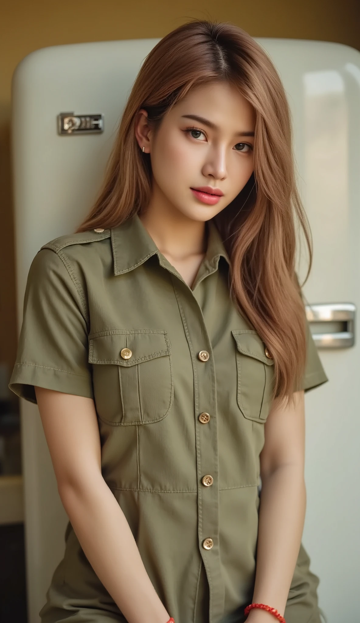 in American pop art style, Vintage features reminiscent of the 1960s, Sexy Thai women, parted lips, beautiful saggy big breasts, , slightly twisted red-brown hair , Wearing a short red bracelet , Wearing a military uniform ,very realistic movie, standing in front of a retro refrigerator ,Medium range image, vintage room background