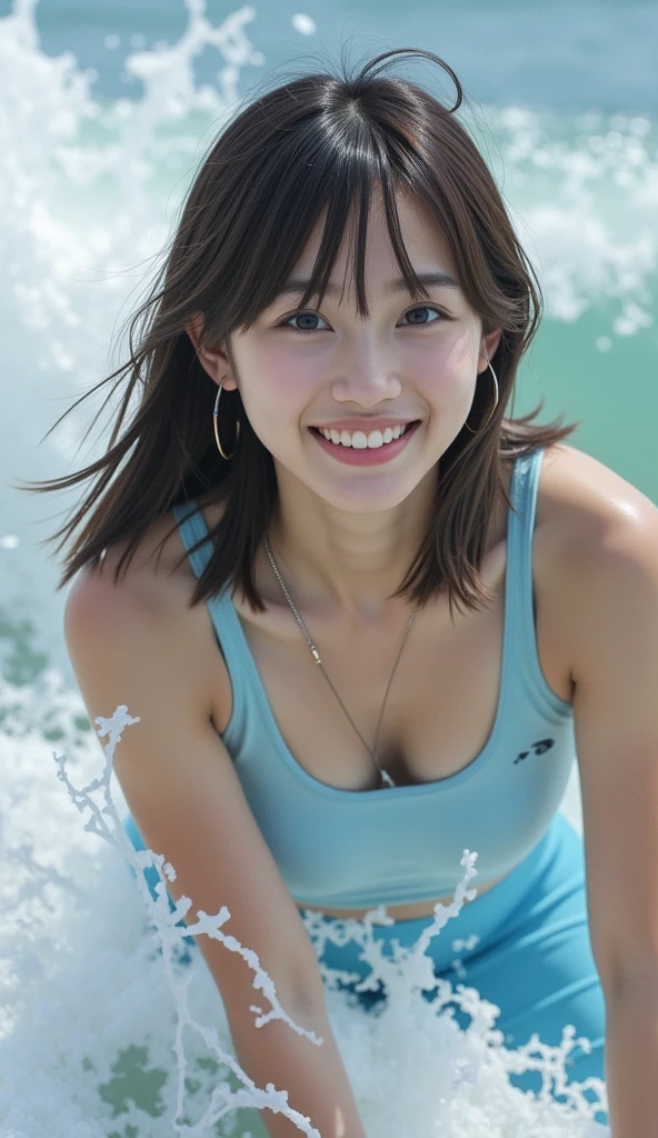 Highest quality, masterpiece, Ultra-high resolution,8K, (Realistic:1.6), (Facing portraits) RAW Photos, 1 Girl,((Portrait of a woman taking a shower on the beach:1.4)),((Shower splashes)),((Full of smiles, Showing teeth)), 22 years old,((Belly button fashion)),((Chibi T-shirt,bikini)),((short hair)),((Looking up at the audience)),Face Focus:1.4,((Shot from above:1.4)),((Cold shower)), Image Media Chest)),((Smiling with teeth showing)),