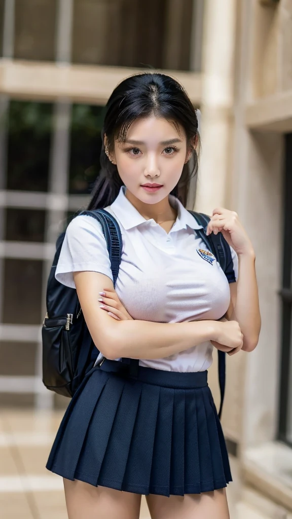 1girl, (uniform), standing, outdoors, detailed Metropolitan city at the background, (above head shot: 1.4), detailed face, angry face, detailed eyes, brunette, big breasts, smooth realistic skin, semi-curvy body, white shirt, grey blue hot miniskirt , looking at the audience, Full body shot, (8k, RAW photo, best quality, masterpiece: 1.2), (realistic, realistic: 1.37), ultra-high resolution