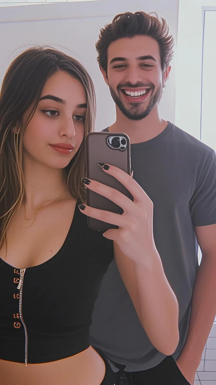 A Young female hug her boyfriend & taking mirror selfie with him, white & glow skin, long open-wavy hair, Wearing loose modest, Sultry Glance, iPhone, athletic body type, perfect breast, with a naughty smile, {male perfect body, six-pack. perfect short wavy hair cut, light beard, shirtless}, light makeup, realistic picture, Ultra high quality textures. High detail. 8k resolution